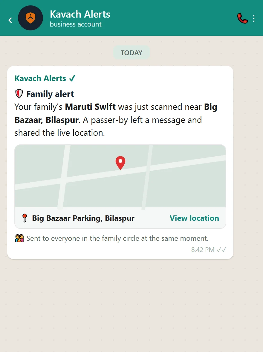 WhatsApp alert a family member receives — their relative's vehicle was scanned, with live location