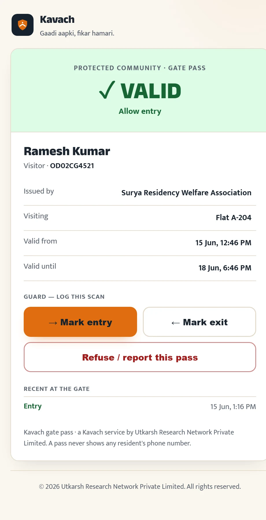 A guard scanning a Kavach gate pass — a big VALID verdict with the visitor, flat and validity window