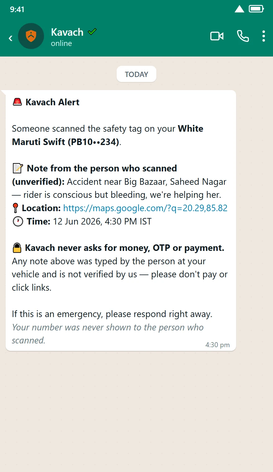 The WhatsApp alert the vehicle owner receives — note marked unverified, number kept private