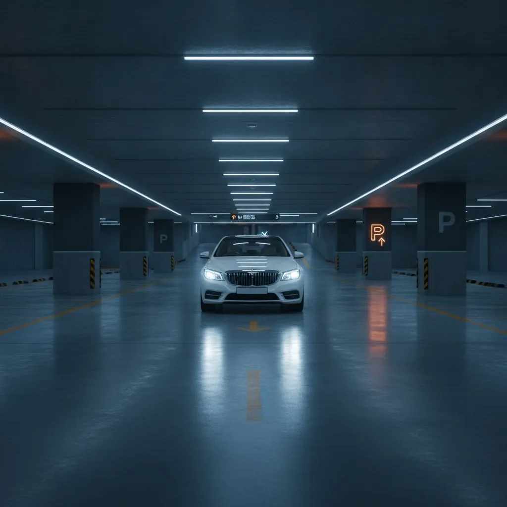 A car parked in a mall basement at night