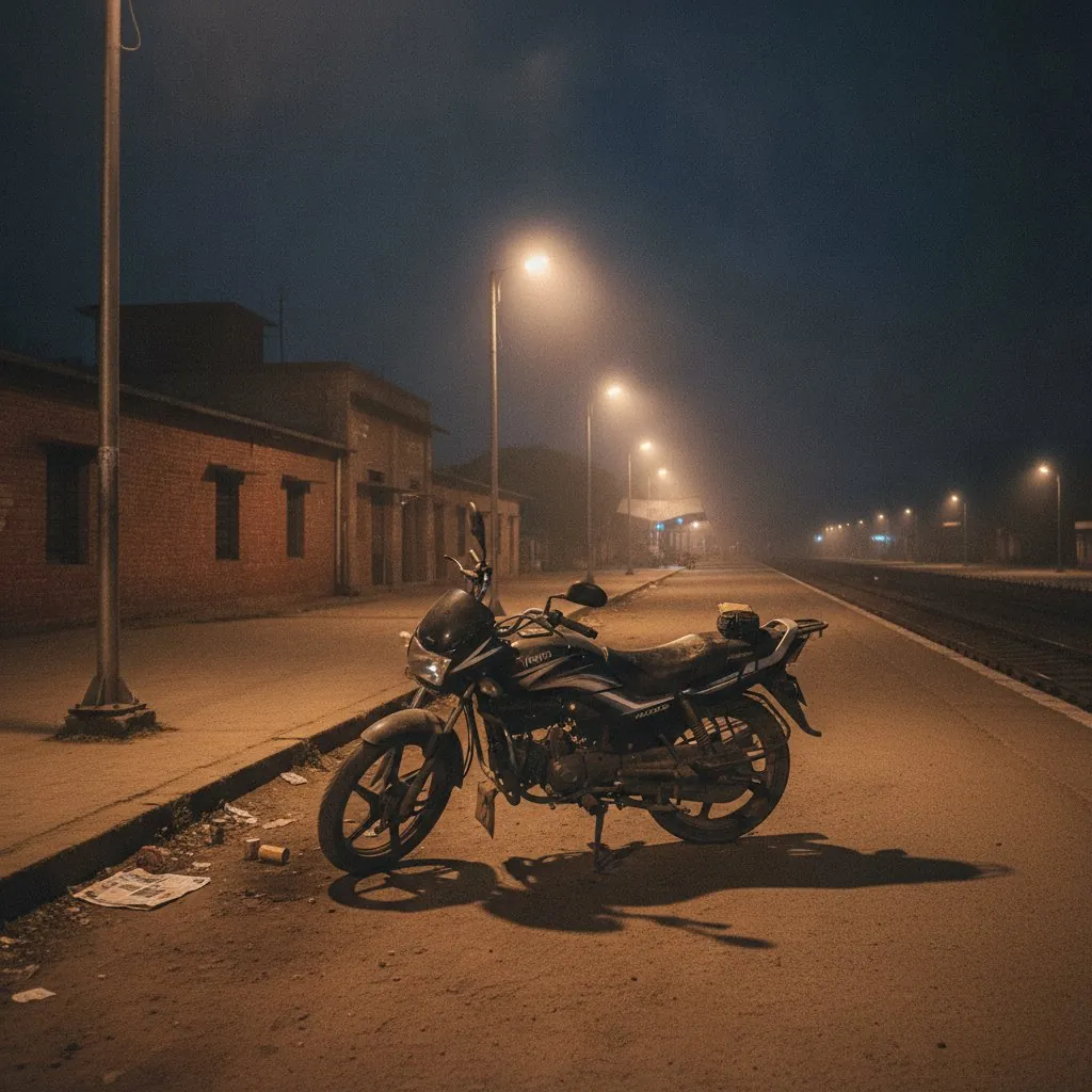 A motorcycle at a railway station at night